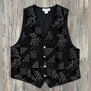 Impressions of California Velvet Vest Women’s Lg Vtg Art Deco Black Gold Silver